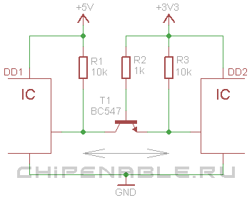 Схема согласования логических уровней на биполярном транзисторе